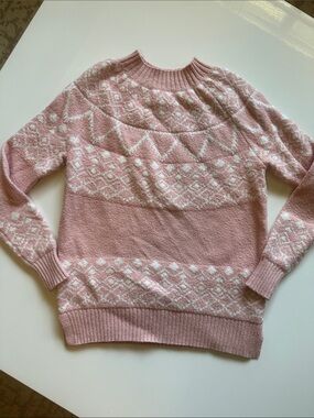 LOFT Pink & White Fair Isle Crewneck Sweater